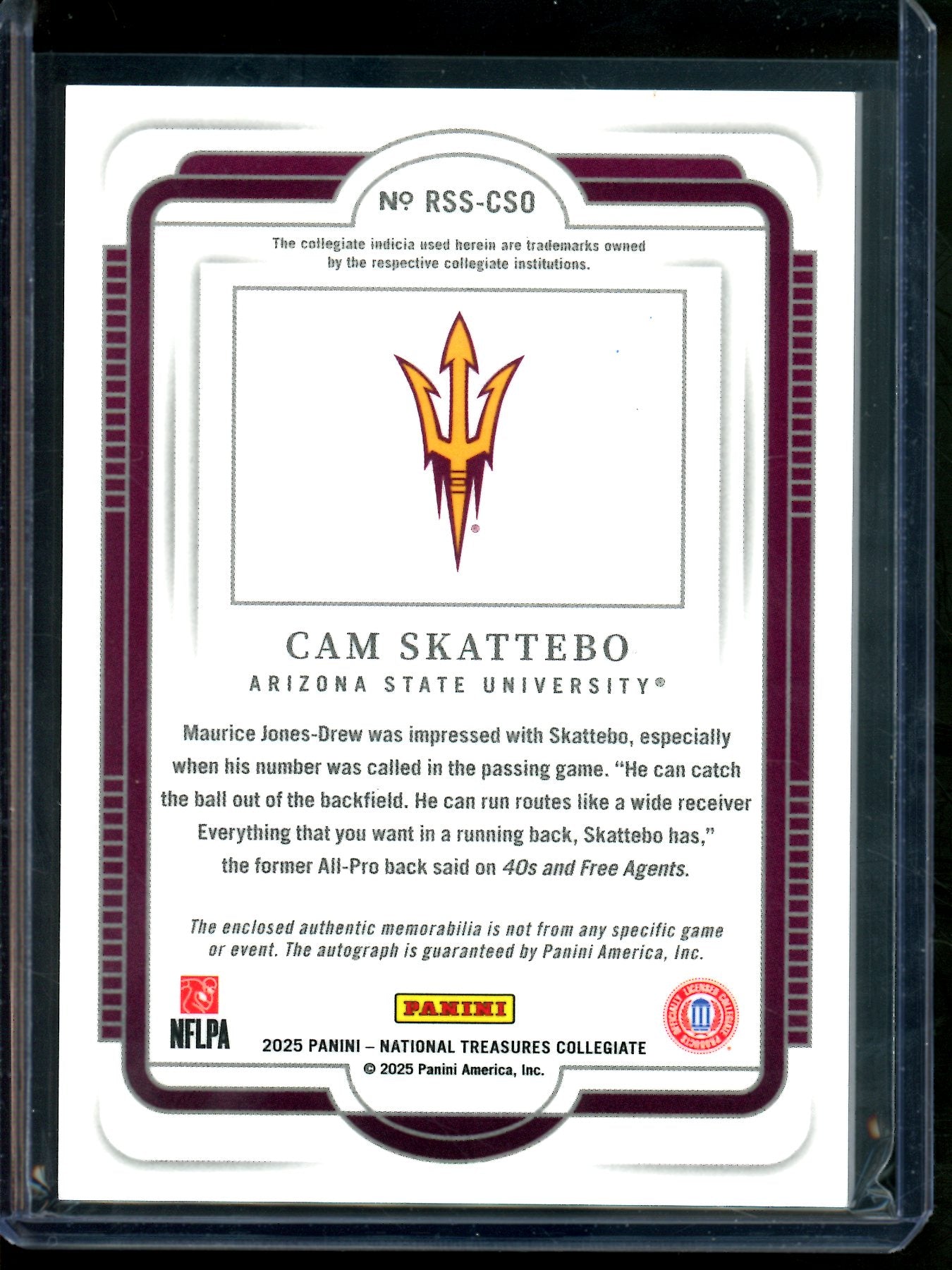 2025 Panini National Treasures Cam Skattebo Nike Swoosh Rookie Patch Autograph /3 Arizona