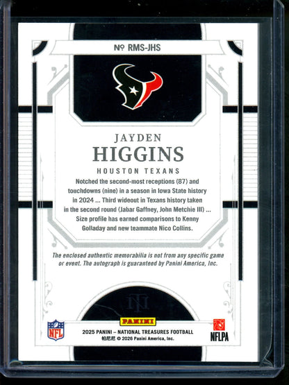 2025 Panini National Treasures Jayden Higgins Rookie Triple Patch Autograph /25 Texans