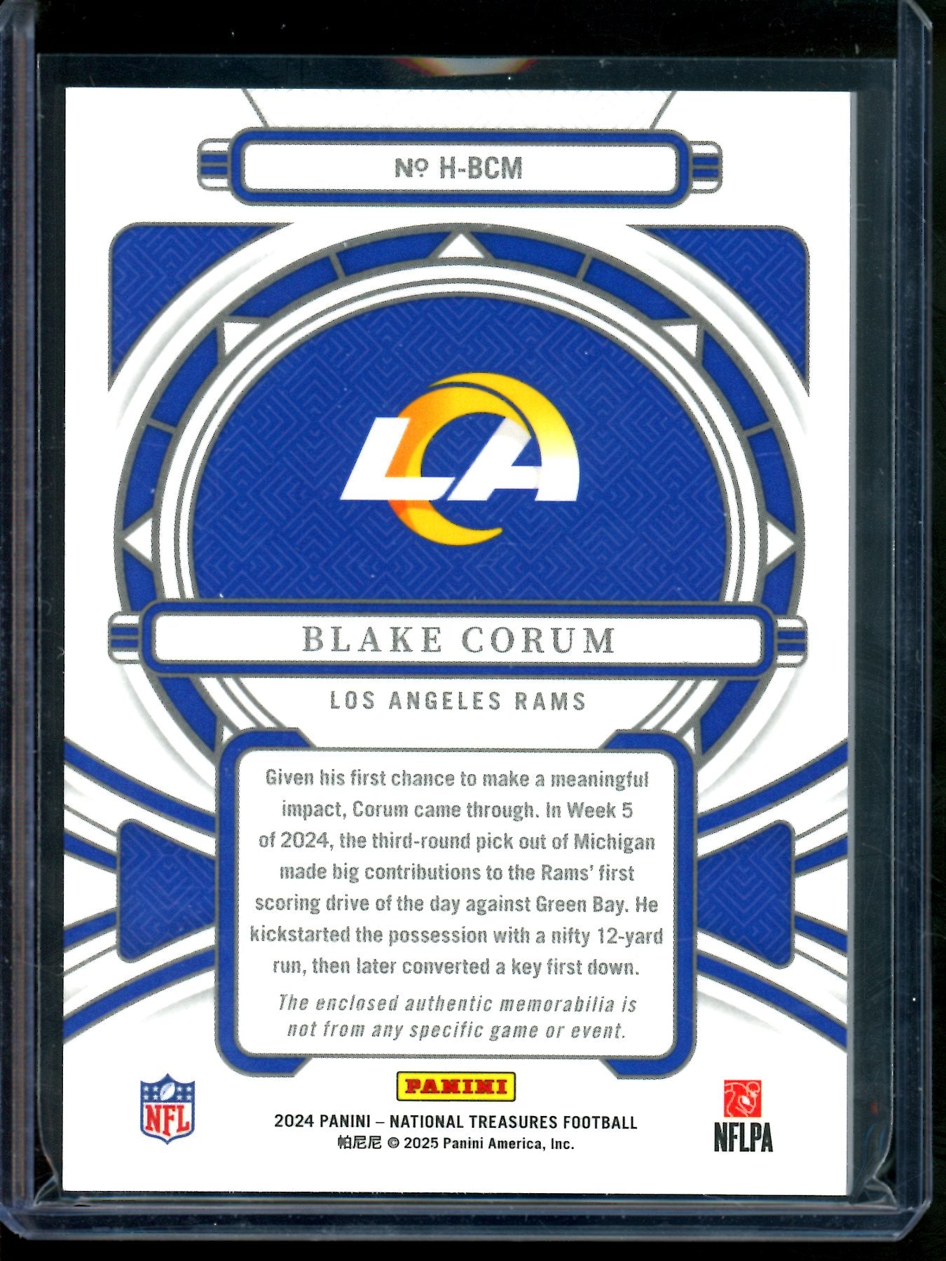 2024 Panini National Treasures Blake Corum Herilooms Rookie Relic /10 Rams