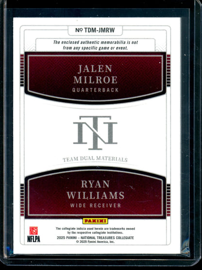 2025 Panini National Treasures Jalen Milroe / Ryan Williams Dual Gold Relic /10 Alabama