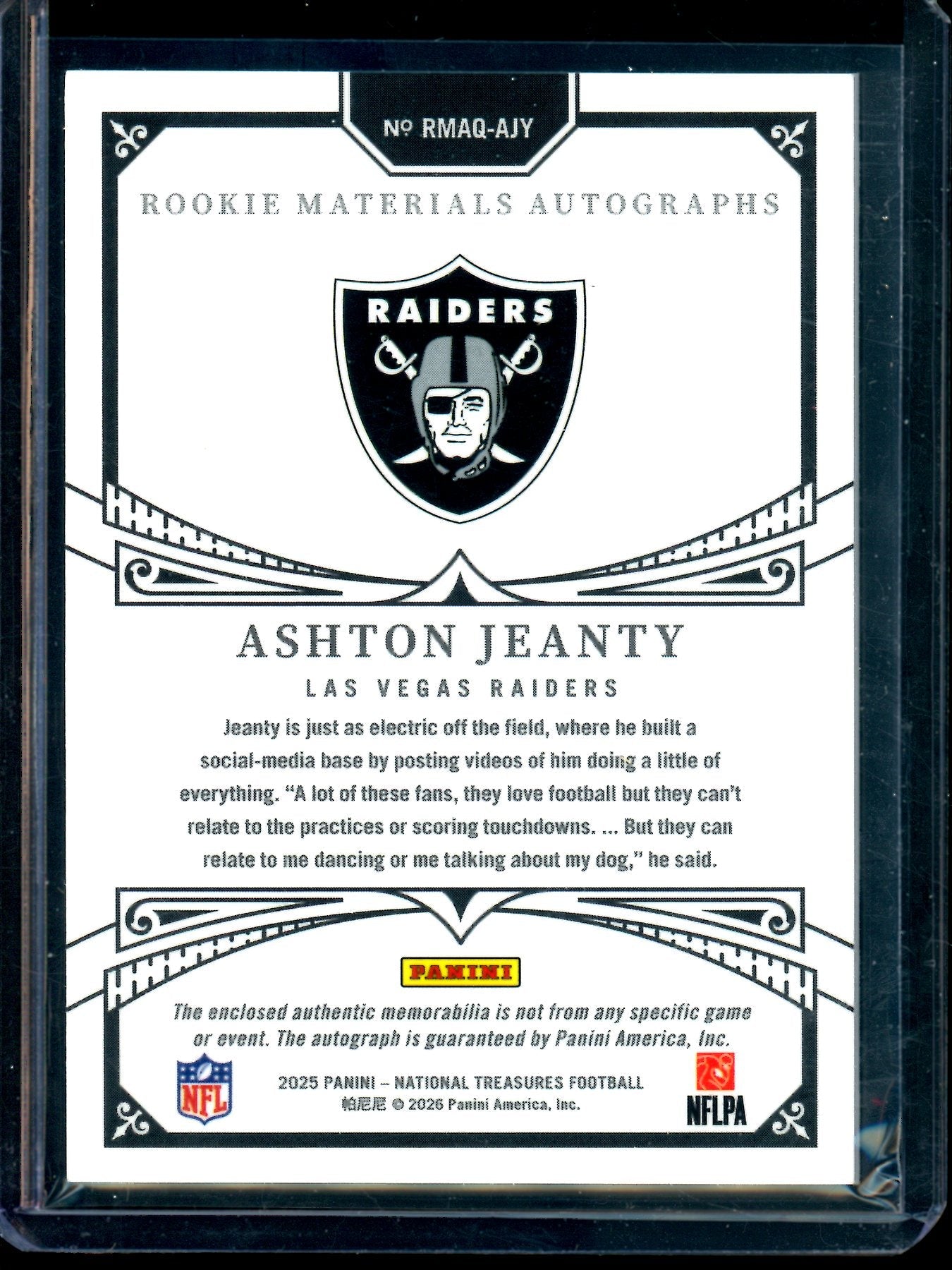 2025 Panini National Treasures Ashton Jeanty Rookie Materials Autographs /99 Raiders