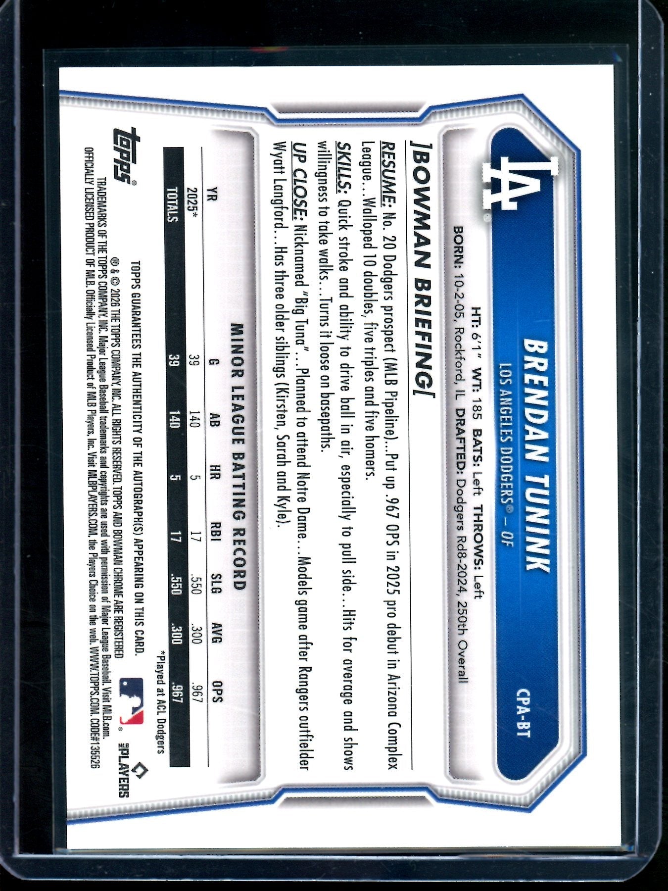 2026 Bowman Chrome Brendan Tunink 1st Green Autograph /99 Dodgers