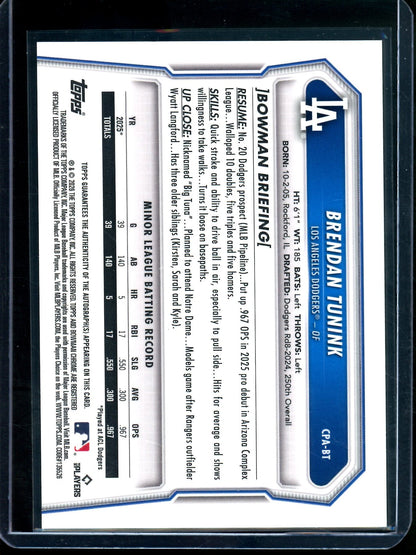 2026 Bowman Chrome Brendan Tunink 1st Green Autograph /99 Dodgers