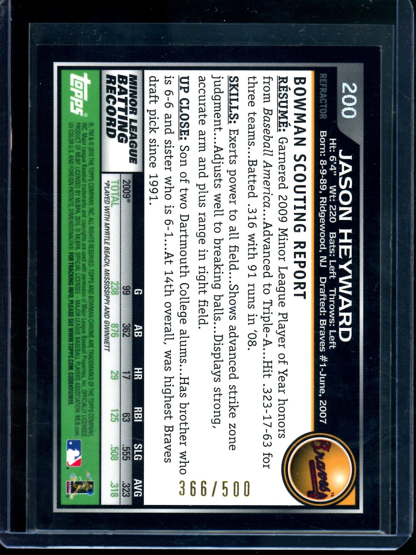 2010 Bowman Chrome Jason Heyward Refractor Rookie Autograph /500 Braves