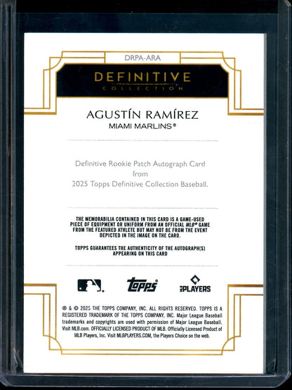 2025 Topps Definitive Agustin Ramirez Rookie Patch Autograph Black /10 Marlins
