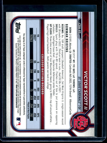 2022 Bowman Chrome Victor Scott II 1st Green Autograph /99 Cardinals