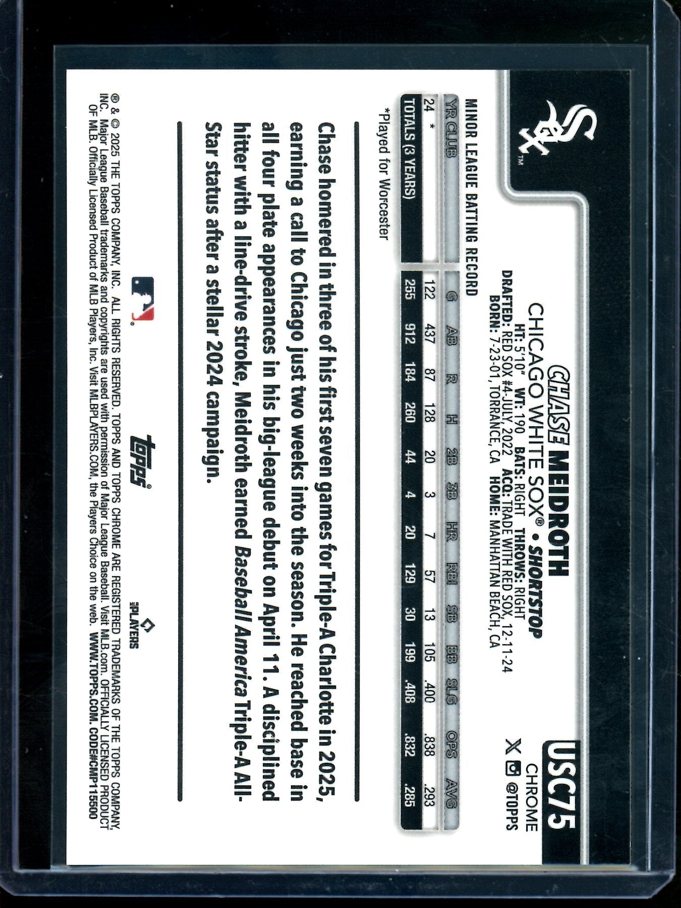 2025 Topps Chrome Chase Meidroth Black Geometric Rookie /10 White Sox