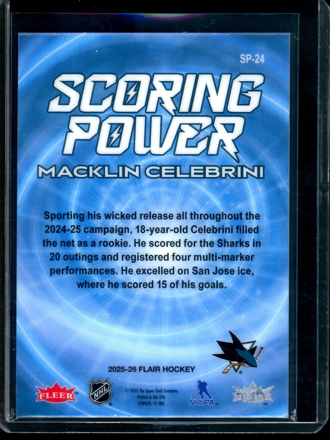 2026 Upper Deck Flair Macklin Celebrini Scoring Power Sharks