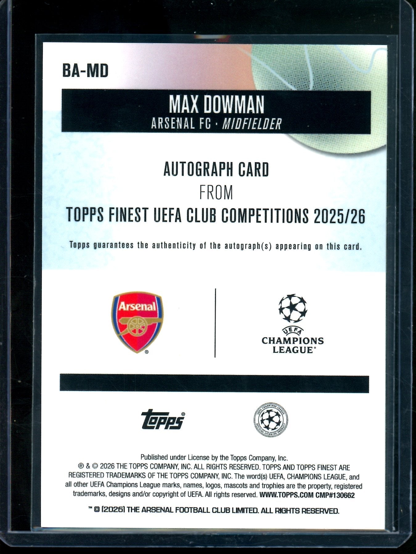 2026 Topps Finest Max Dowman Green Rookie Autograph /99 Arsenal FC