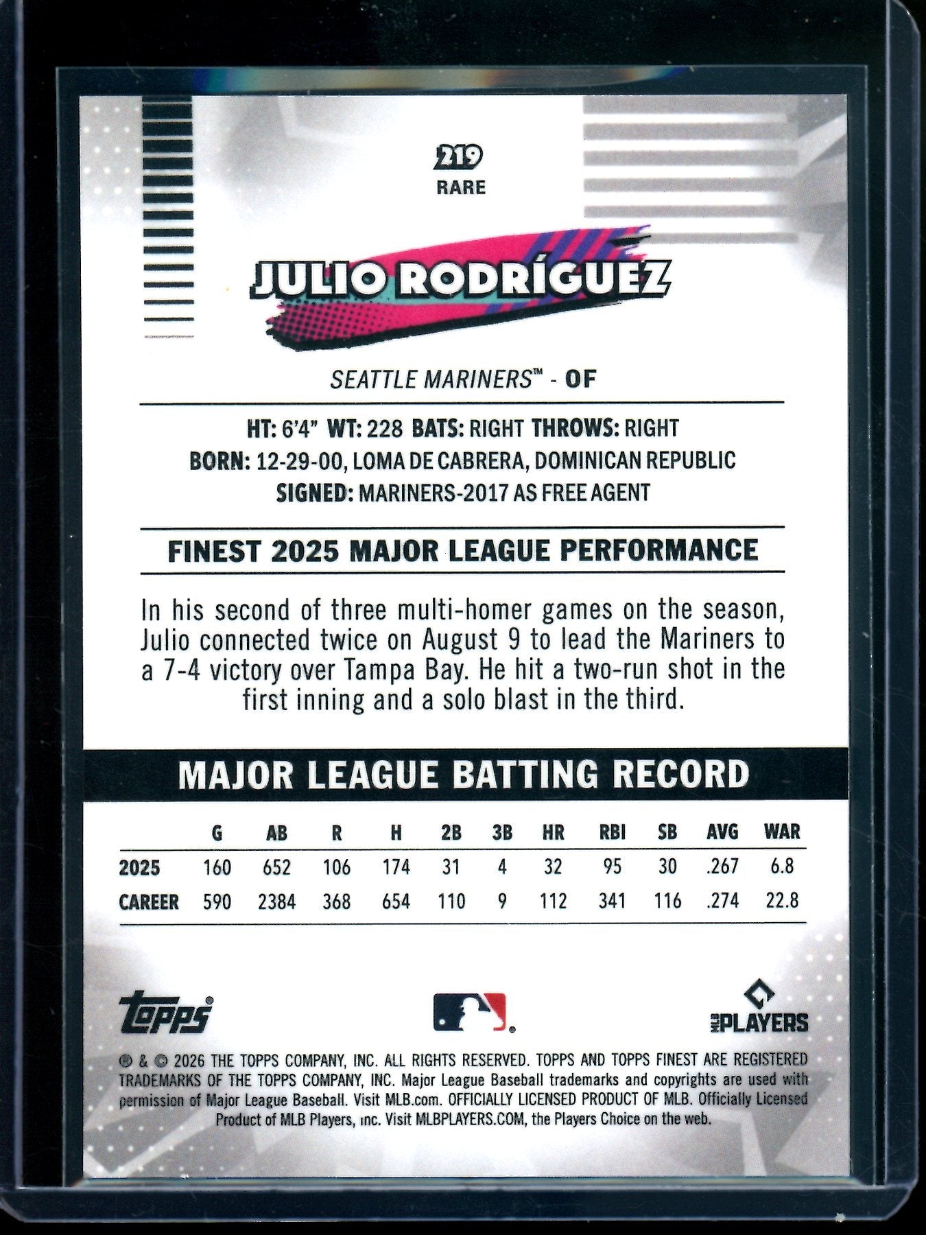 2026 Topps Finest Julio Rodriguez Black Refractor Rare /10 Mariners