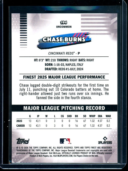 2026 Topps Finest Chase Burns Red Geometric Refractor Rookie /5 Reds