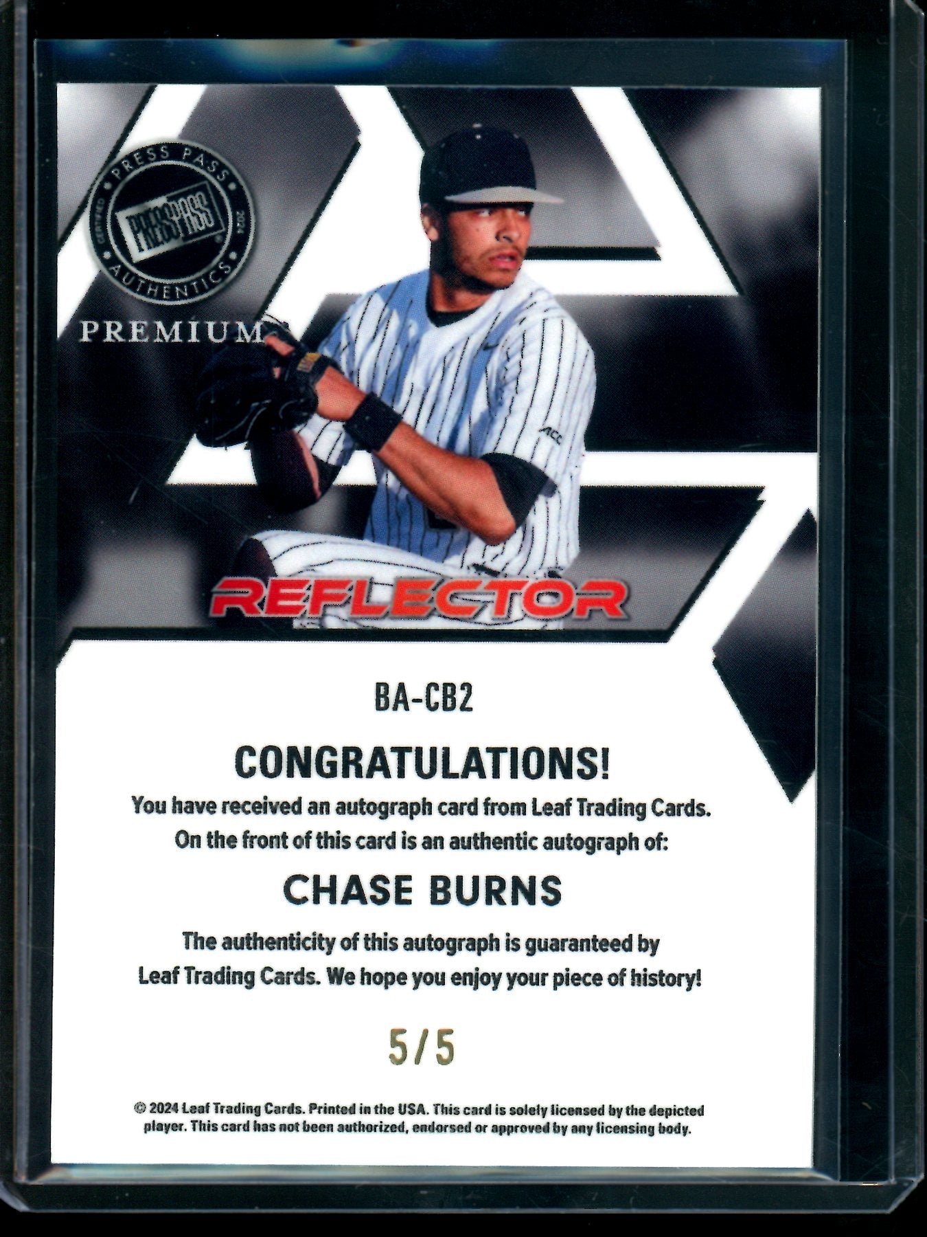 2024 Leaf Press Pass Chase Burns Reflector Rookie Autograph Gold /5 Reds