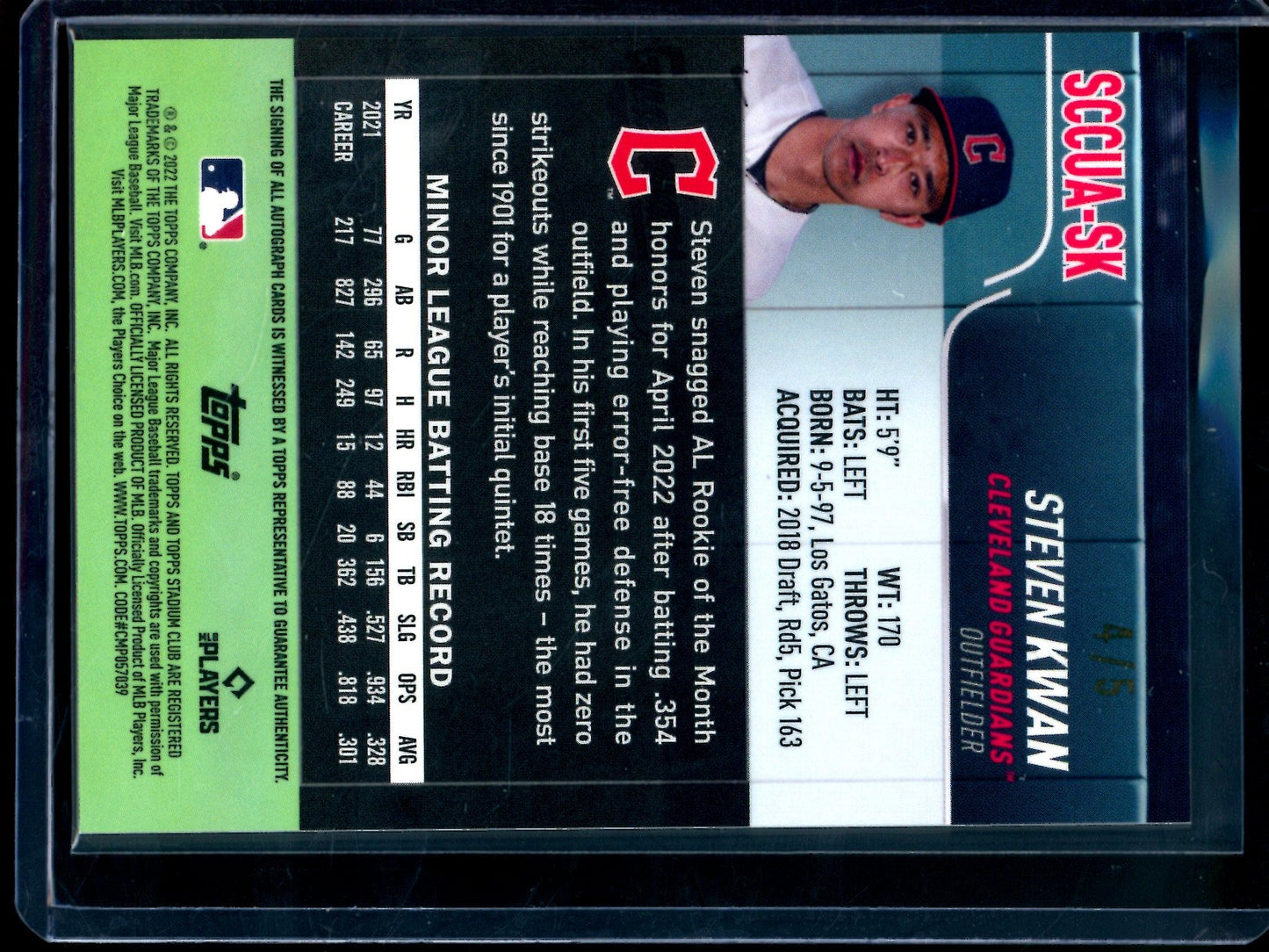 2022 Topps Stadium Club Chrome Steven Kwan Shimmer Rookie Autograph /5 Guardians