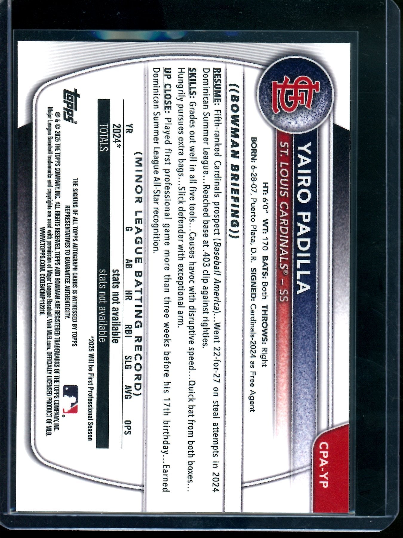 2025 Bowman Chrome Yairo Padilla 1st Autograph Cardinals