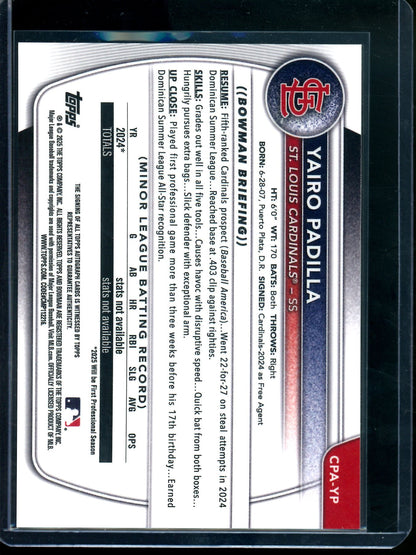 2025 Bowman Chrome Yairo Padilla 1st Autograph Cardinals