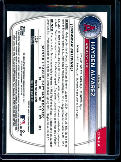 2025 Bowman Chrome Hayden Alvarez 1st Refractor Autograph /499 Angels