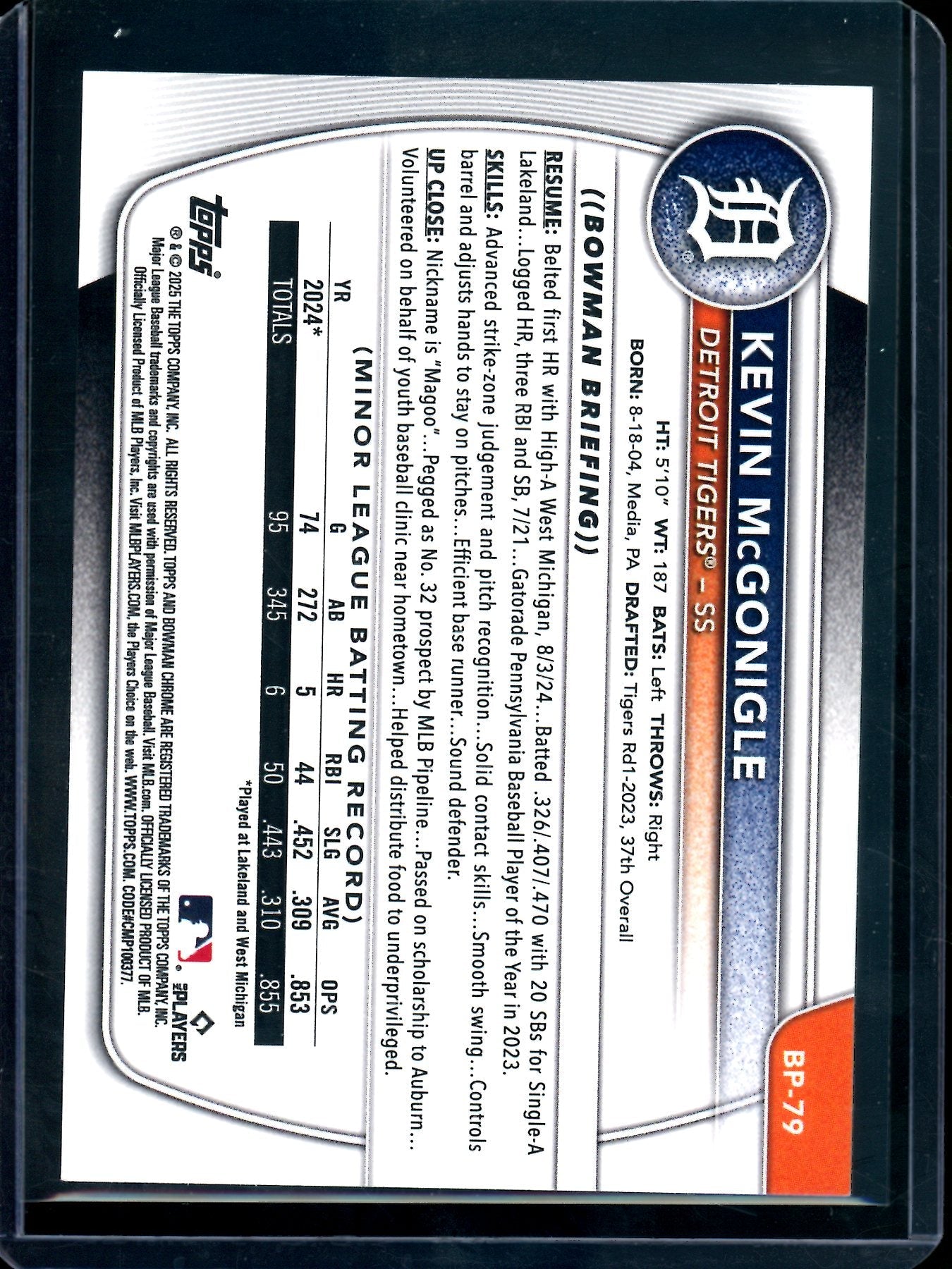 2025 Bowman Kevin McGonigle 1st Green Bandana /99 Tigers