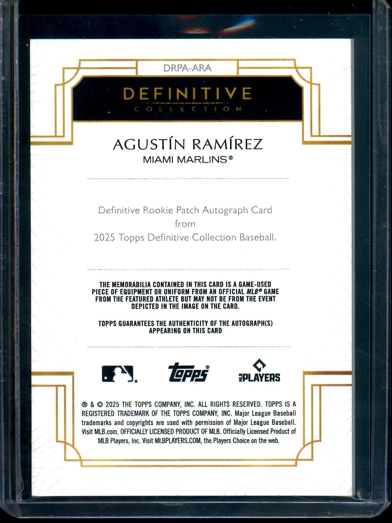 2025 Topps Definitive Agustin Ramirez Orange Rookie Patch Autograph /25 Marlins