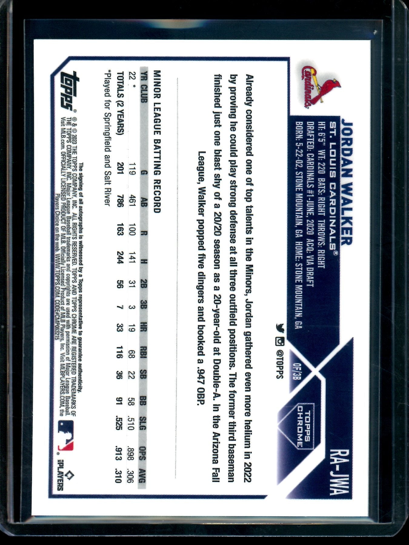 2023 Topps Chrome Jordan Walker Gold Wave Rookie Autograph /50 Cardinals