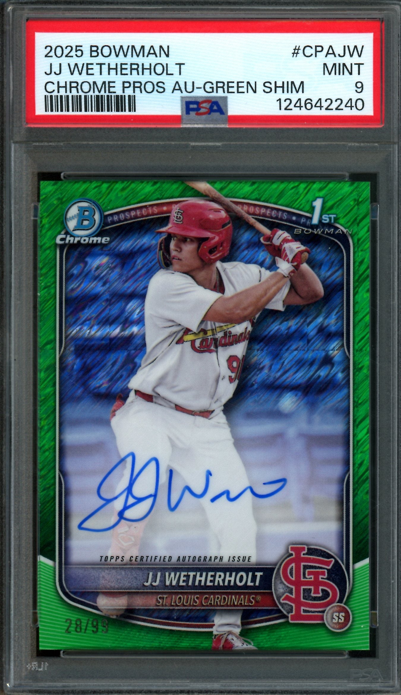2025 Bowman Chrome JJ Wetherholt 1st Green Shimmer Autograph /99 PSA 9 Cardinals