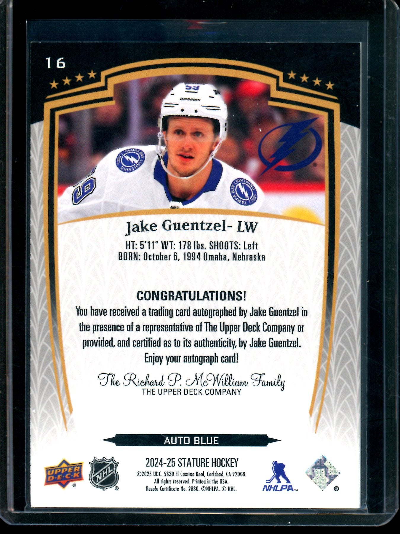 2025 Upper Deck Stature Jake Guentzel Blue Autograph /25 Lightning