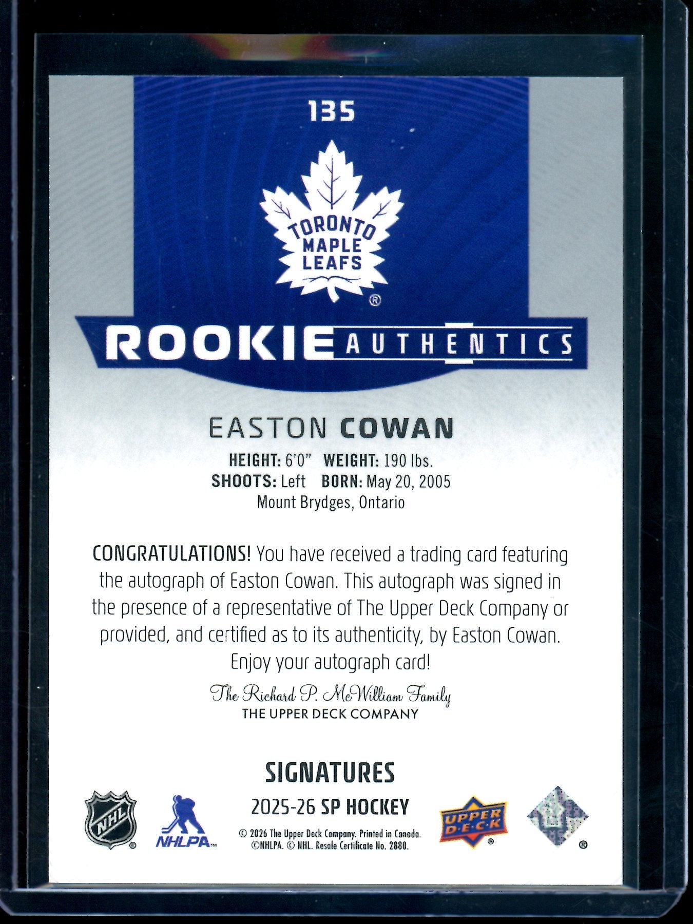 2026 Upper Deck SP Easton Cowan Rookie Authentics Autograph Maple Leafs