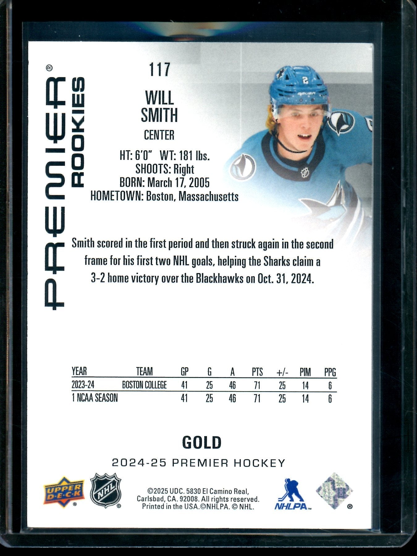 2025 Upper Deck Premier Will Smith Rookies /199 Sharks