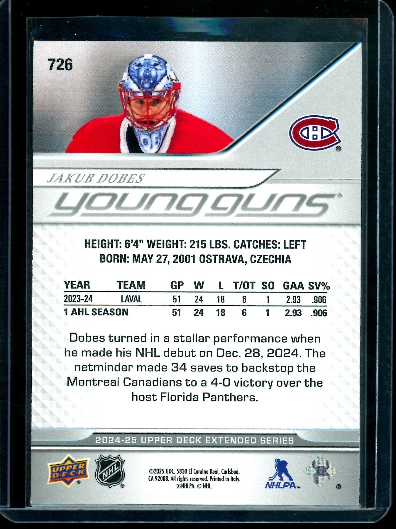2025 Upper Deck Extended Series Jakub Dobes Young Guns Canadiens