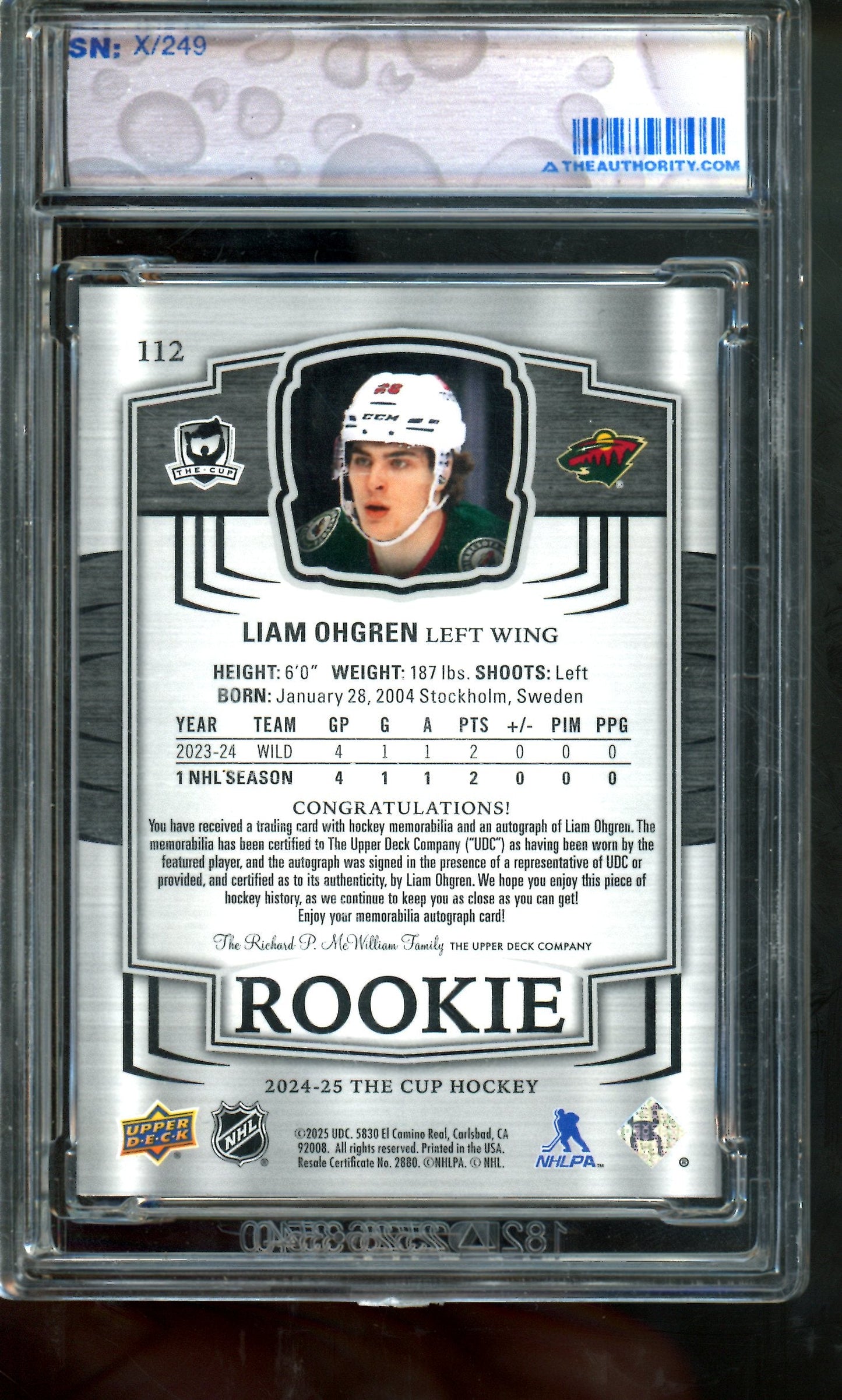 2025 Upper Deck The Cup Liam Ohgren Rookie Patch Autograph /249 Wild