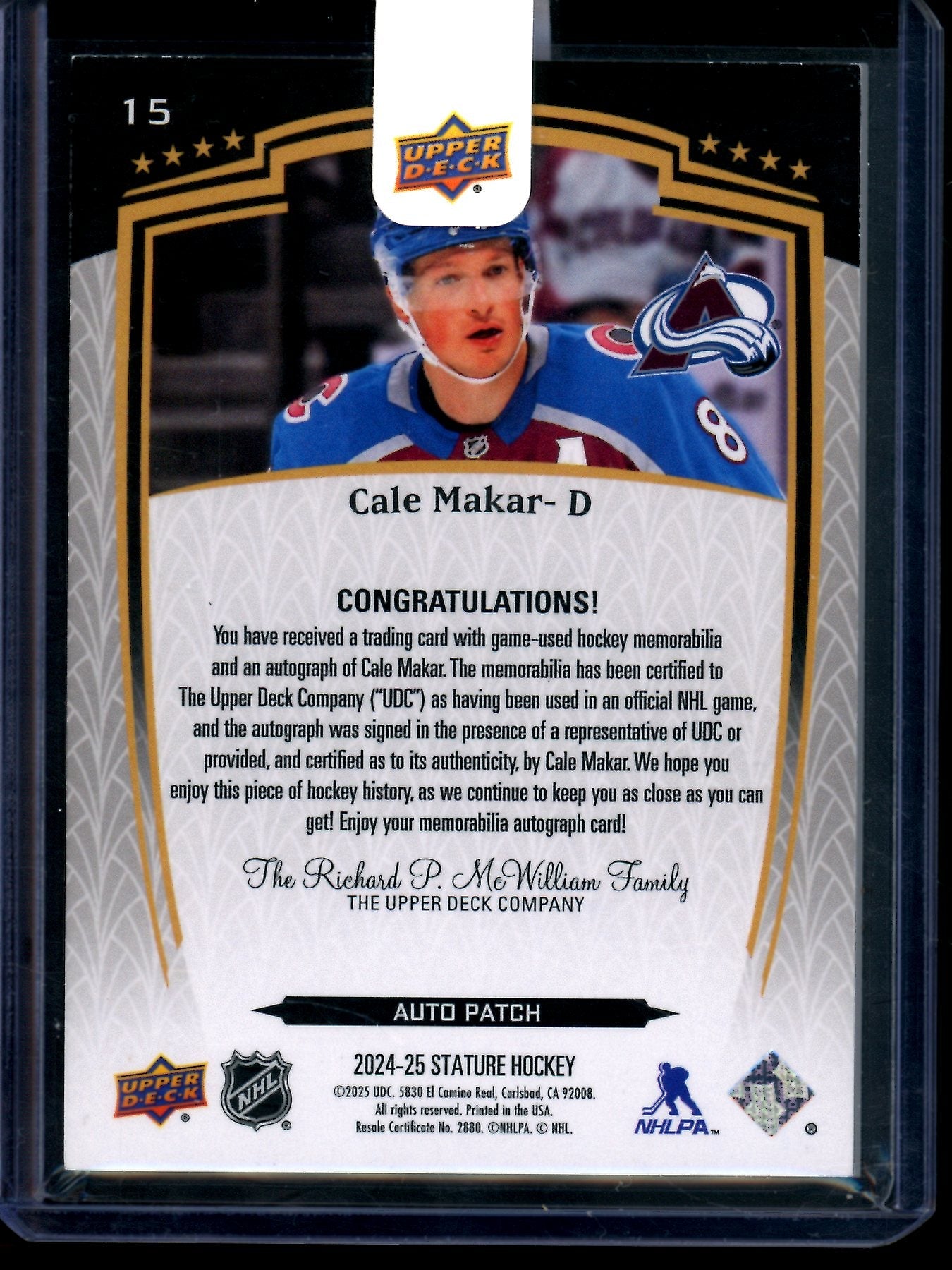 2025 Upper Deck Stature Cale Makar Rookie Patch Autograph /49 Avalanche