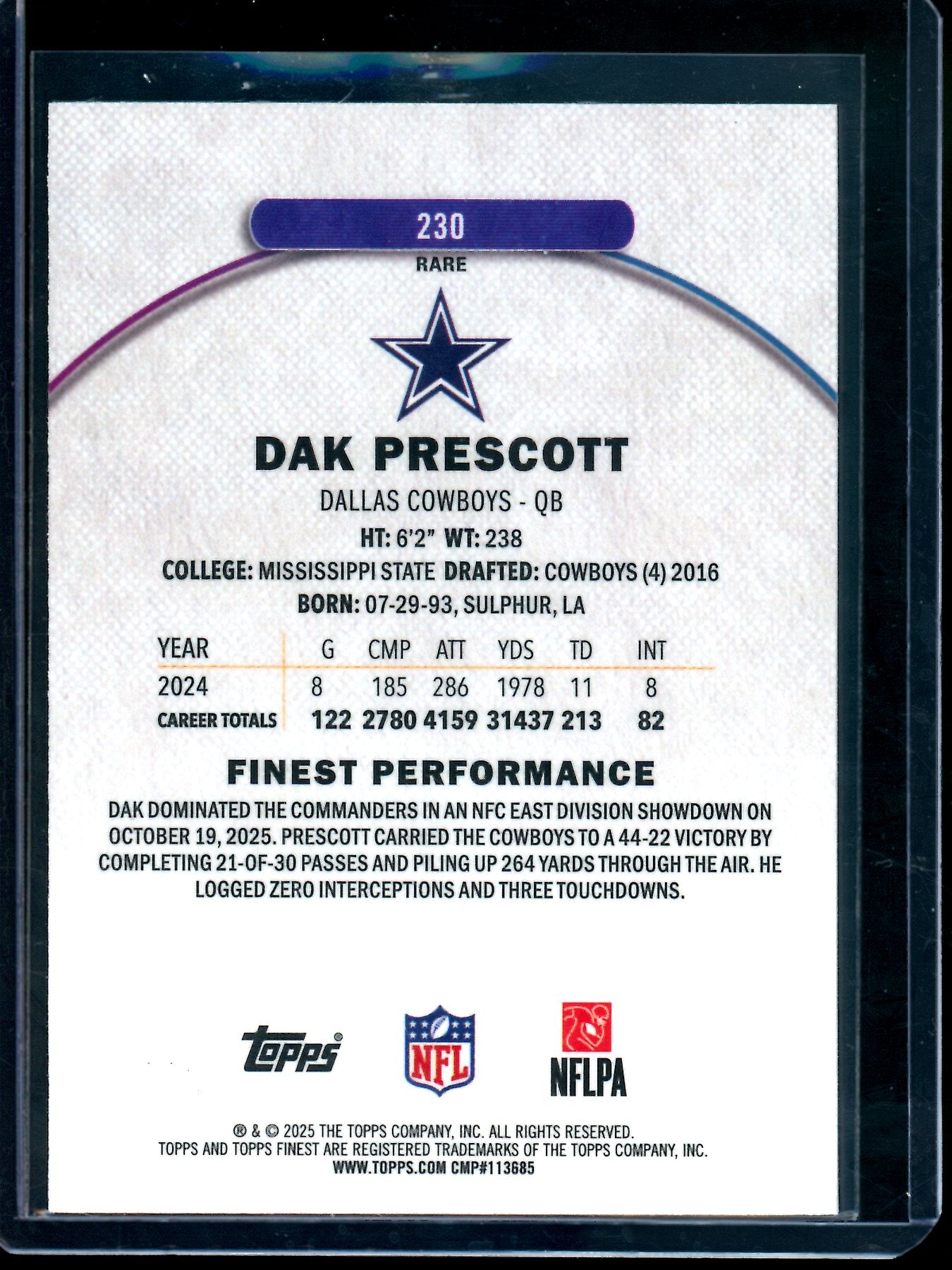 2025 Topps Finest Dak Prescott Rare Refractor /75 Cowboys