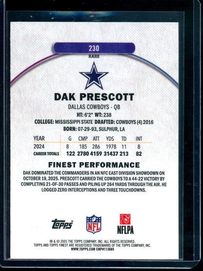 2025 Topps Finest Dak Prescott Rare Refractor /75 Cowboys