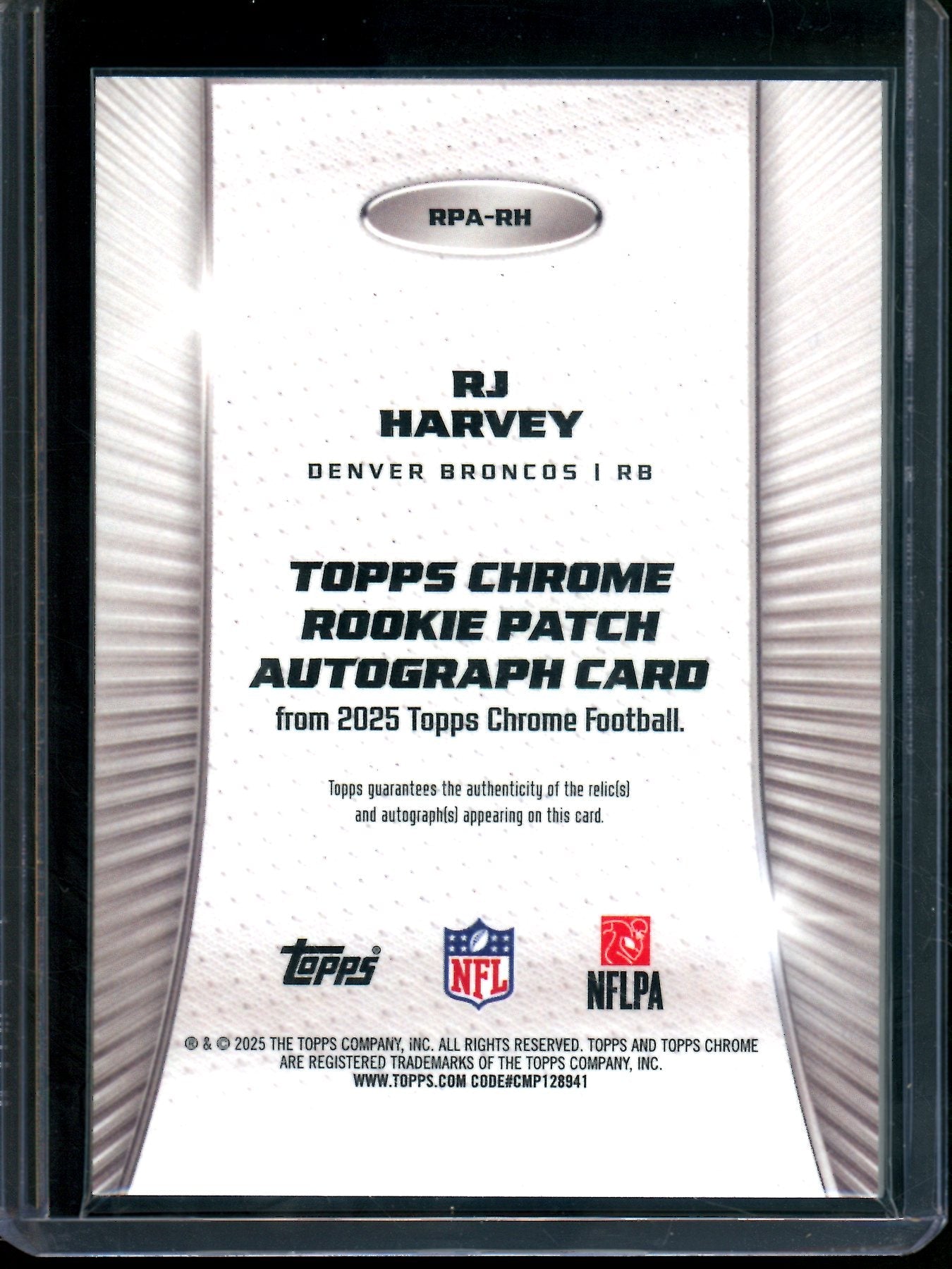 2025 Topps Chrome RJ Harvey Rookie Patch Autograph Broncos