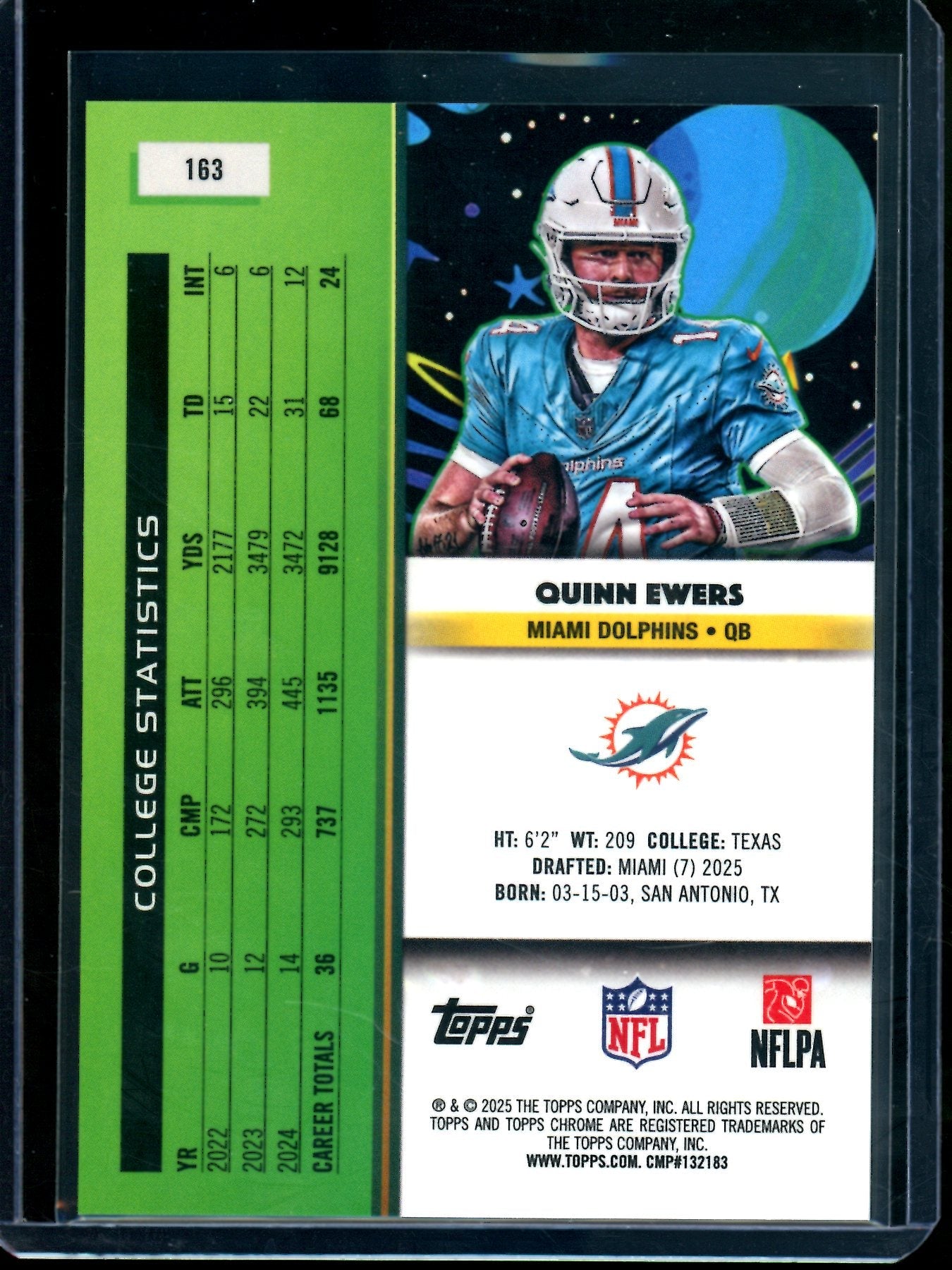 2025 Topps Cosmic Quinn Ewers Green Speckle Rookie /75 Dolphins
