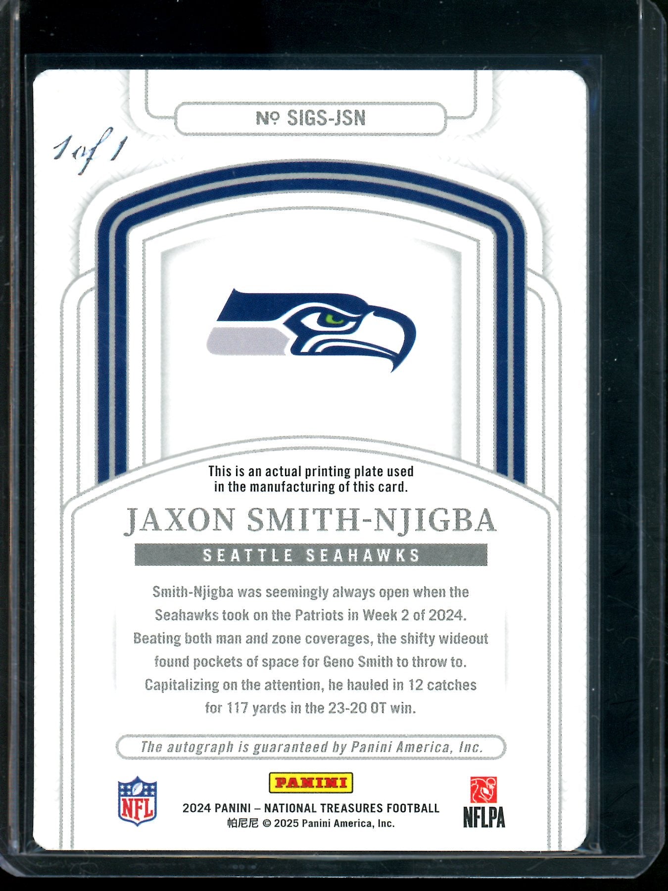2024 Panini National Treasures Jaxson Smith-Njigba 1/1 Printing Plate Autograph Seahawks