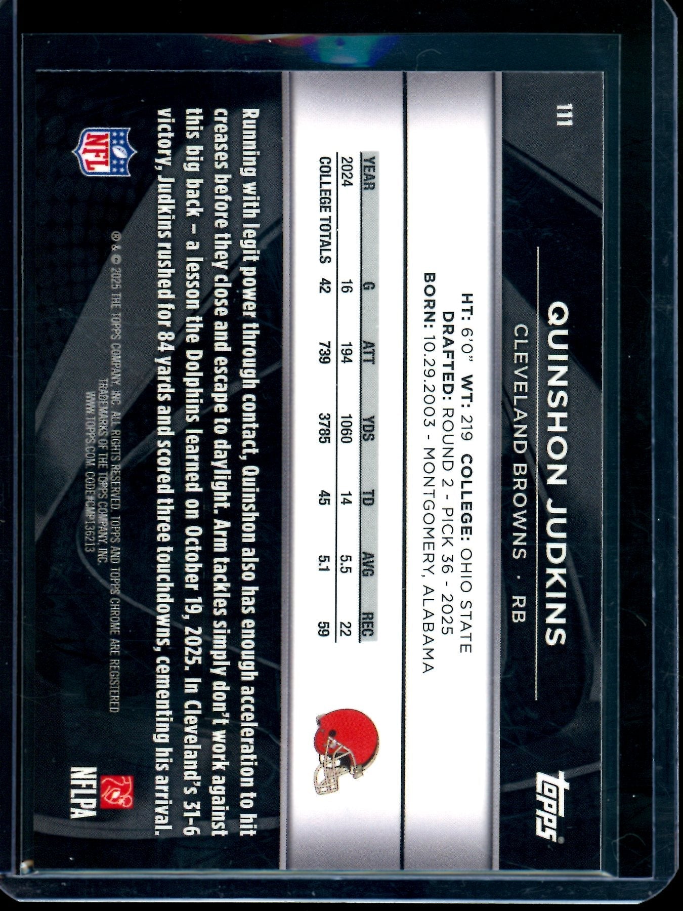 2025 Topps Chrome Black Quinshon Judkins Purple Rookie Refractor /75 Browns