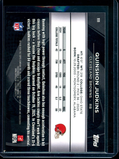 2025 Topps Chrome Black Quinshon Judkins Purple Rookie Refractor /75 Browns