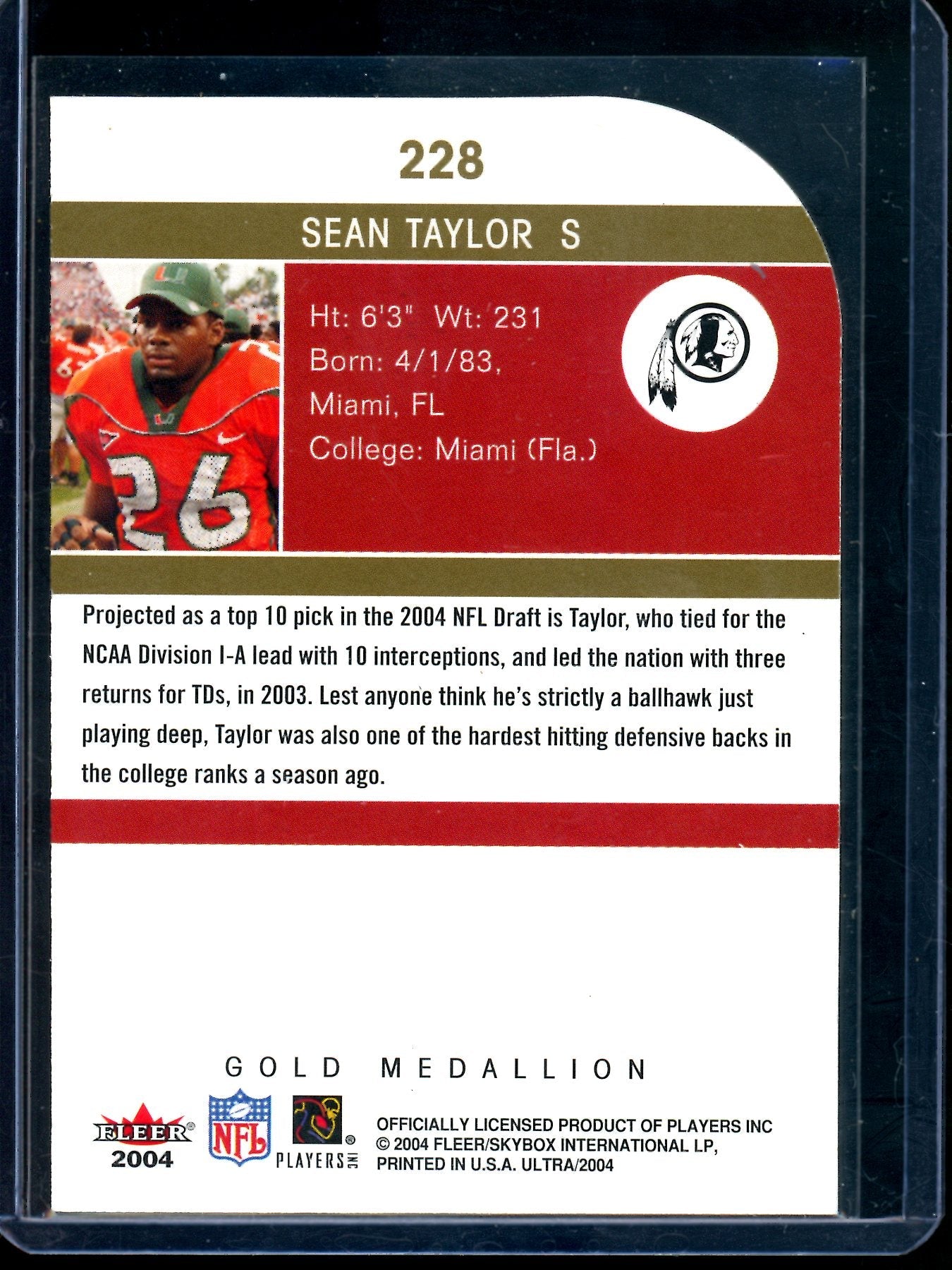 2004 Fleer Ultra Sean Taylor Rookie Gold Medallion Redskins