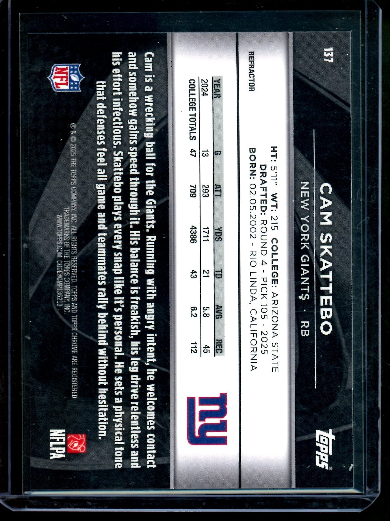 2025 Topps Chrome Black Cam Skattebo Rookie Refractor /299 Giants
