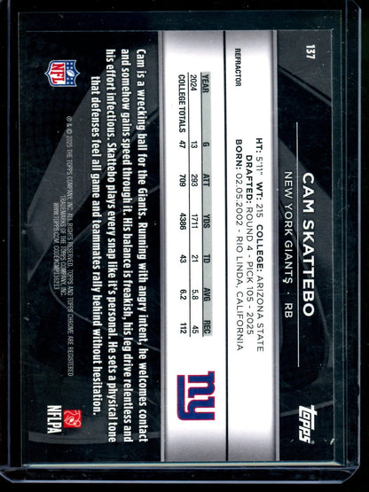 2025 Topps Chrome Black Cam Skattebo Rookie Refractor /299 Giants