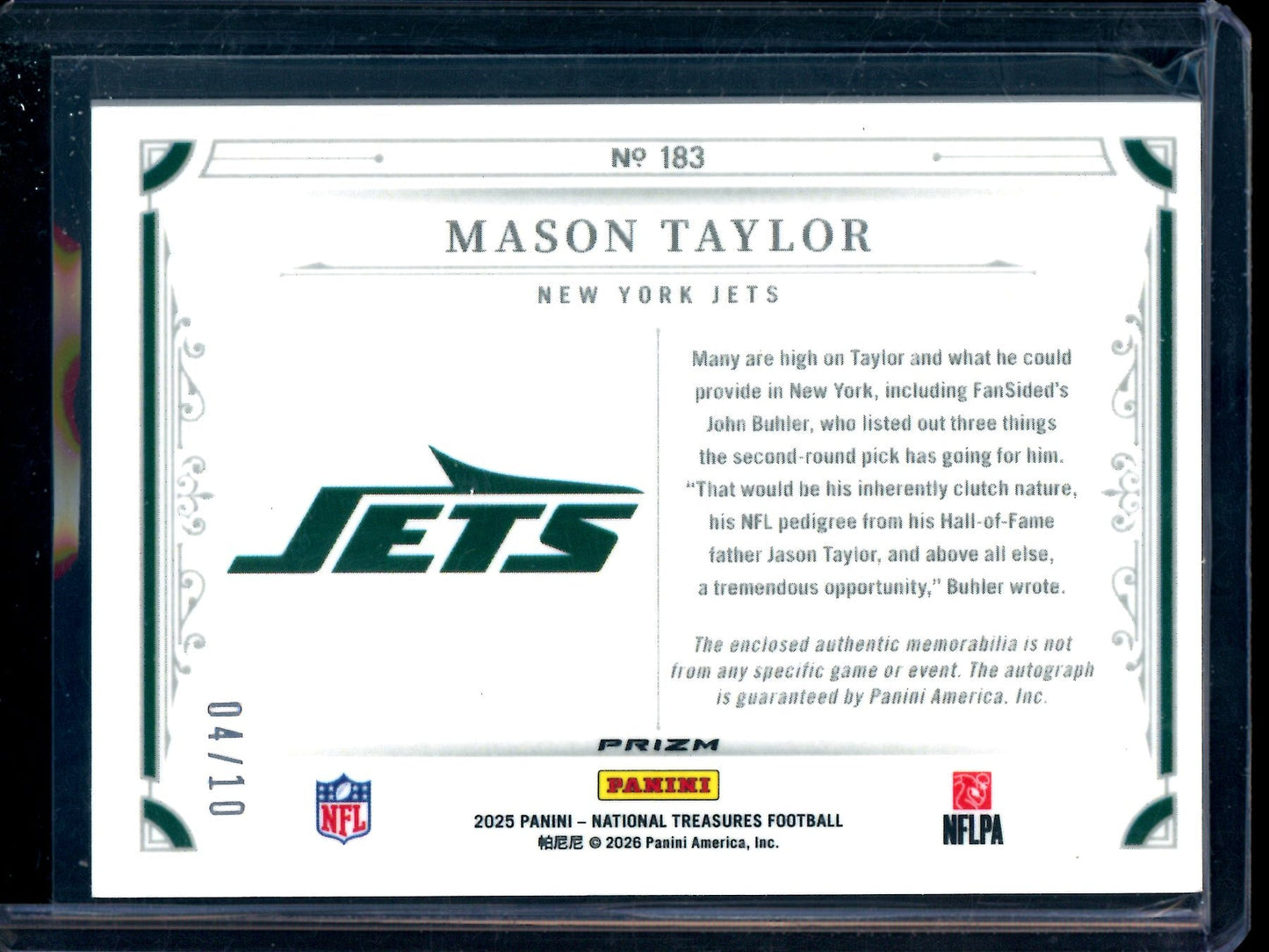 2025 Panini National Treasures Mason Taylor Nike Swoosh Gold Rookie Patch Autograph /10 Jets