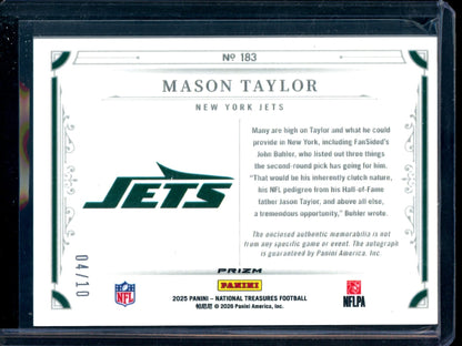 2025 Panini National Treasures Mason Taylor Nike Swoosh Gold Rookie Patch Autograph /10 Jets