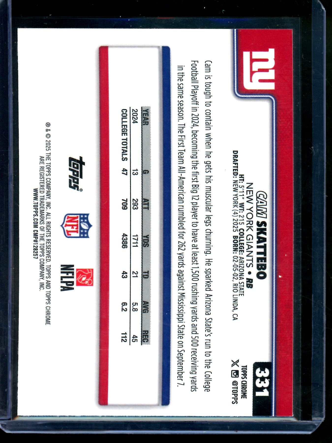 2025 Topps Chrome Cam Skattebo Neon Pulse Rookie SP Giants