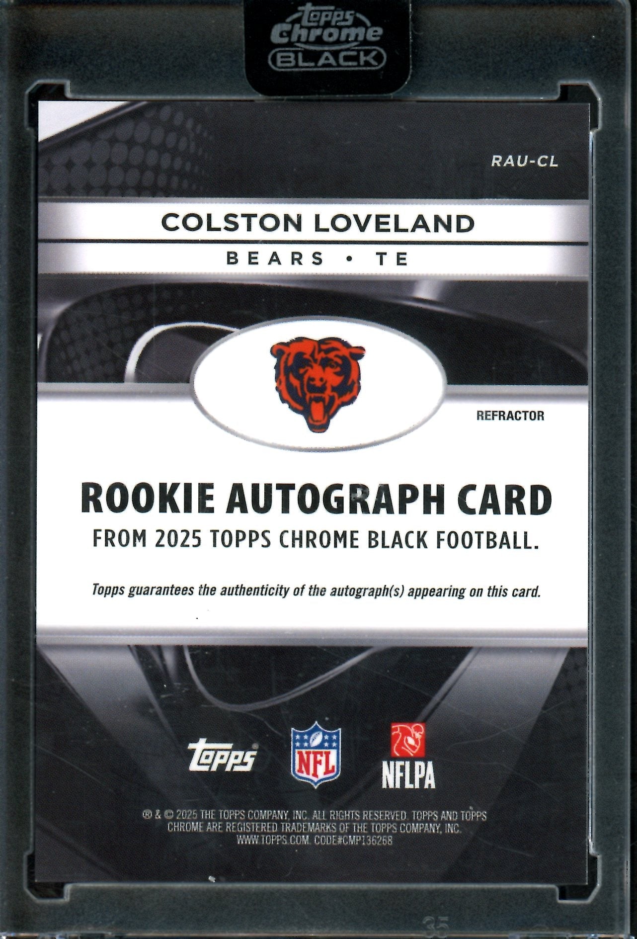 2025 Topps Chrome Black Colston Loveland Refractor Rookie Autograph /299 Bears