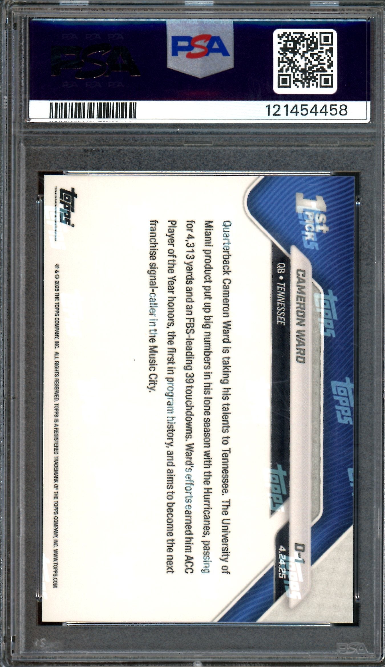 2025 Topps Now Cam Ward 1st Draft Pick Rookie PSA 10 Titans