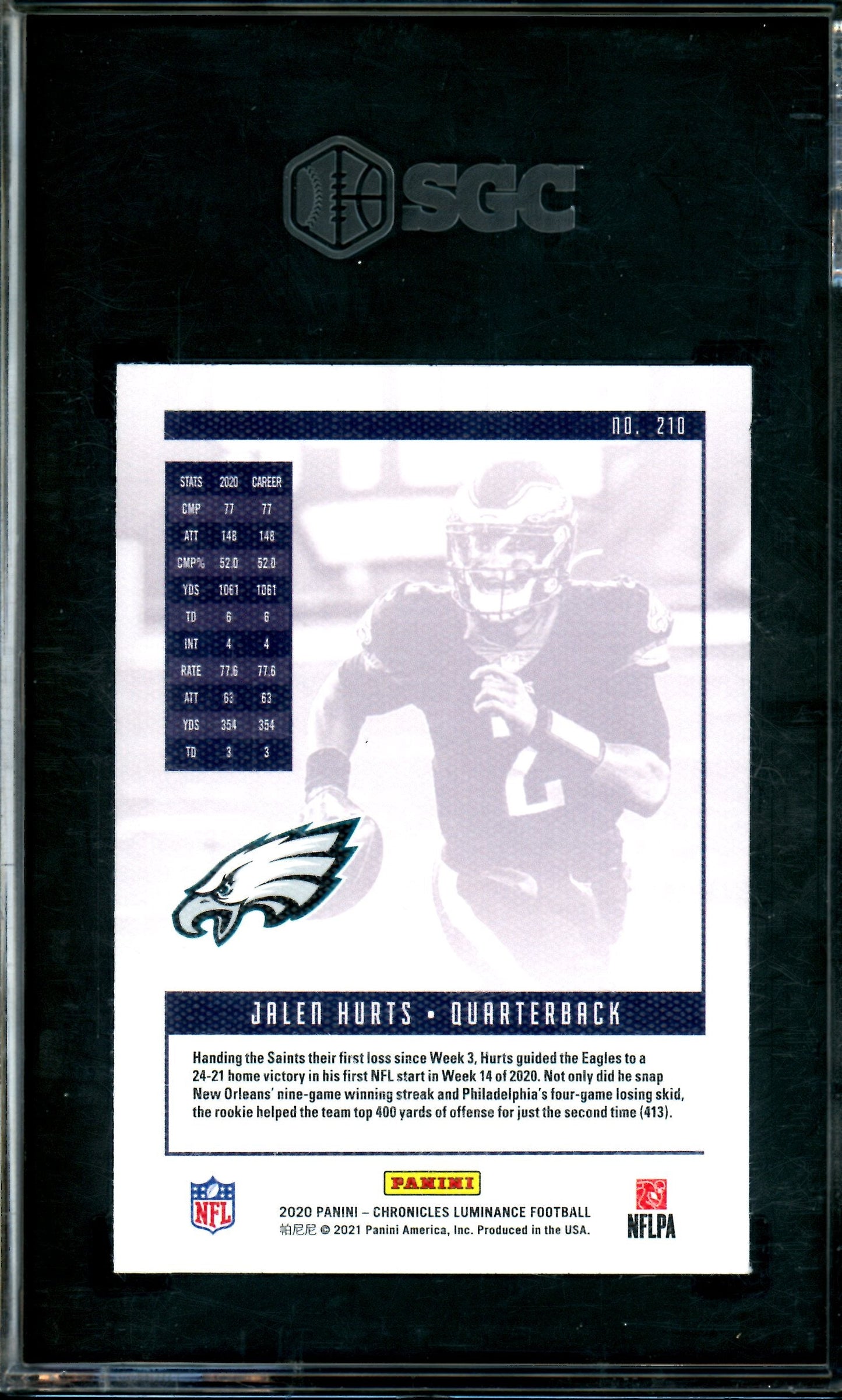 2020 Panini Chronicles Jalen Hurts Luminance Pink Rookie SGC 10 Eagles