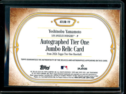 2026 Topps Tier One Yoshinobu Yamamoto Patch Autograph /199 Dodgers