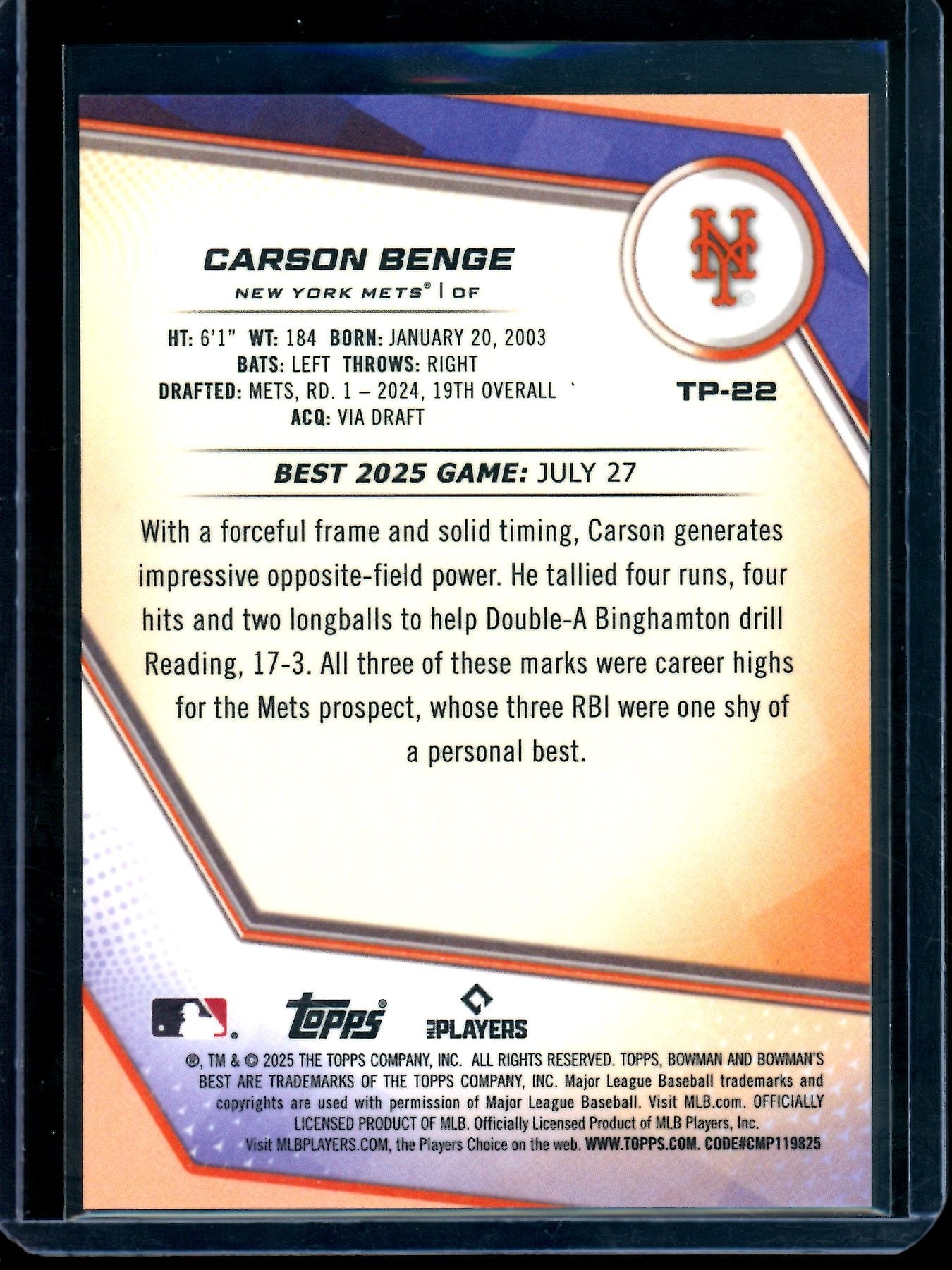 2025 Bowmans Best Carson Benge Yellow Refractor /75 Mets