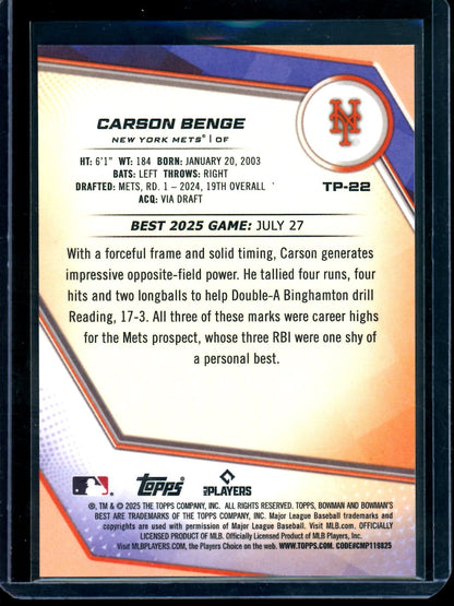 2025 Bowmans Best Carson Benge Yellow Refractor /75 Mets