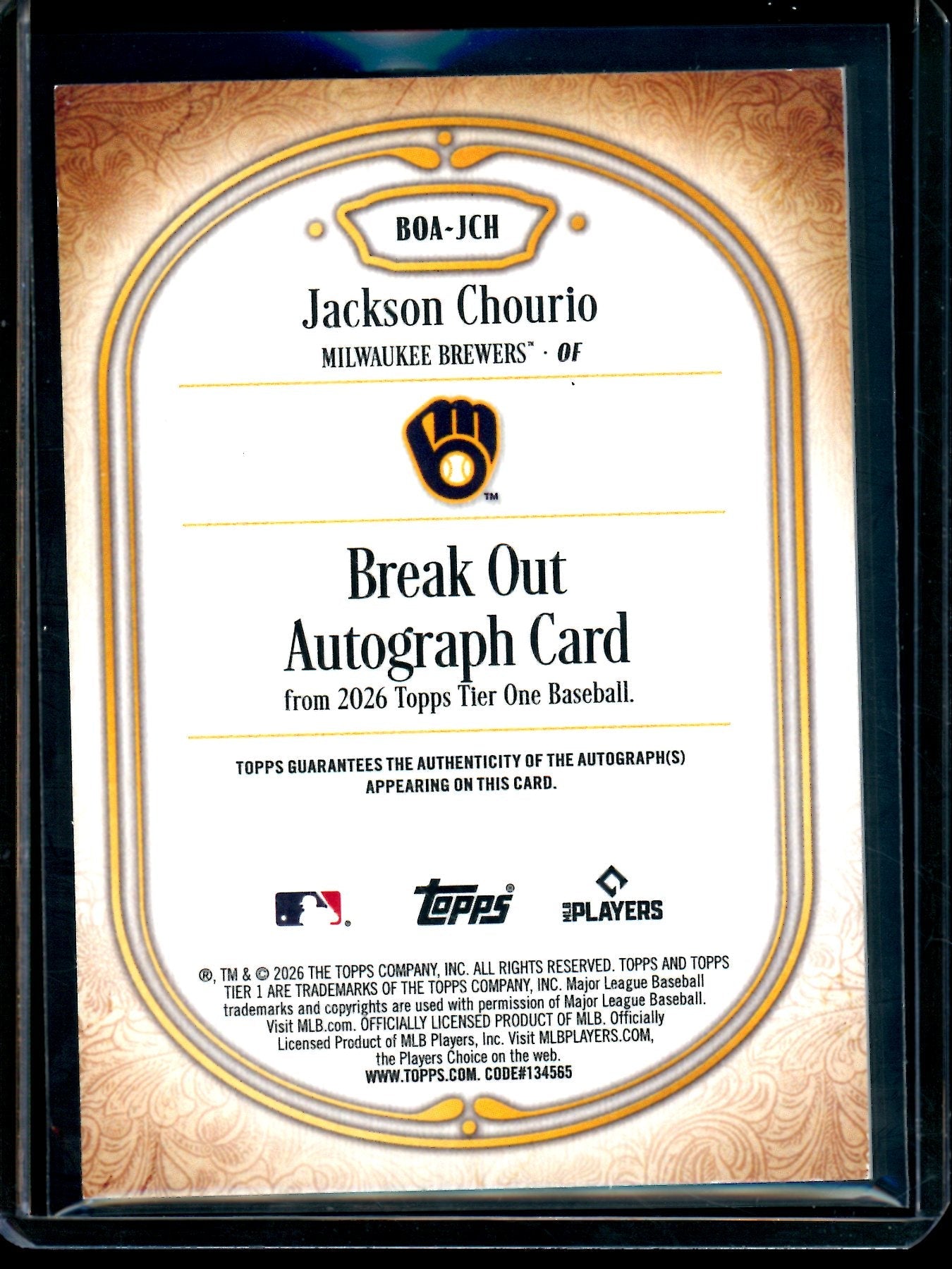 2026 Topps Tier One Jackson Chourio Break Out Autograph Blue /25 Brewers